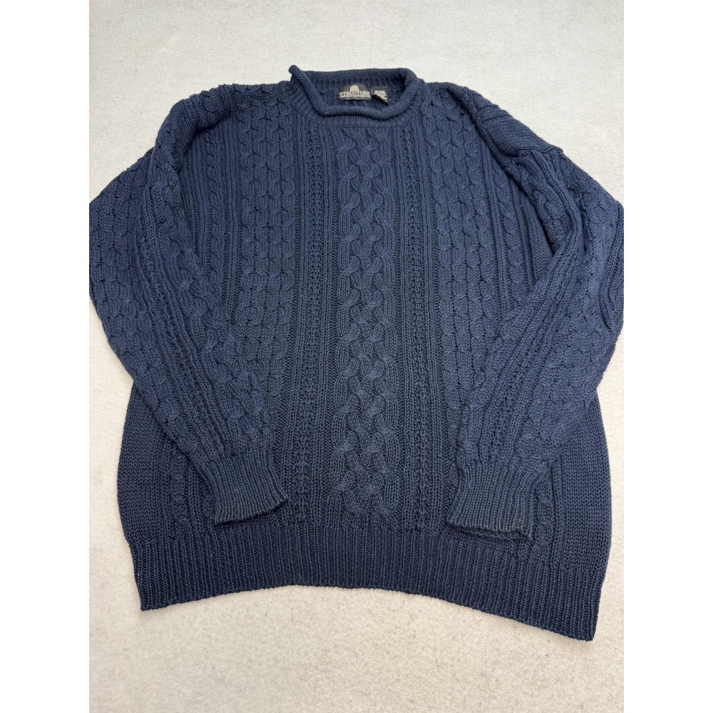Structure Sweater Mens Large Blue Ramie Cotton Cable Knit Crewneck Pullover Warm